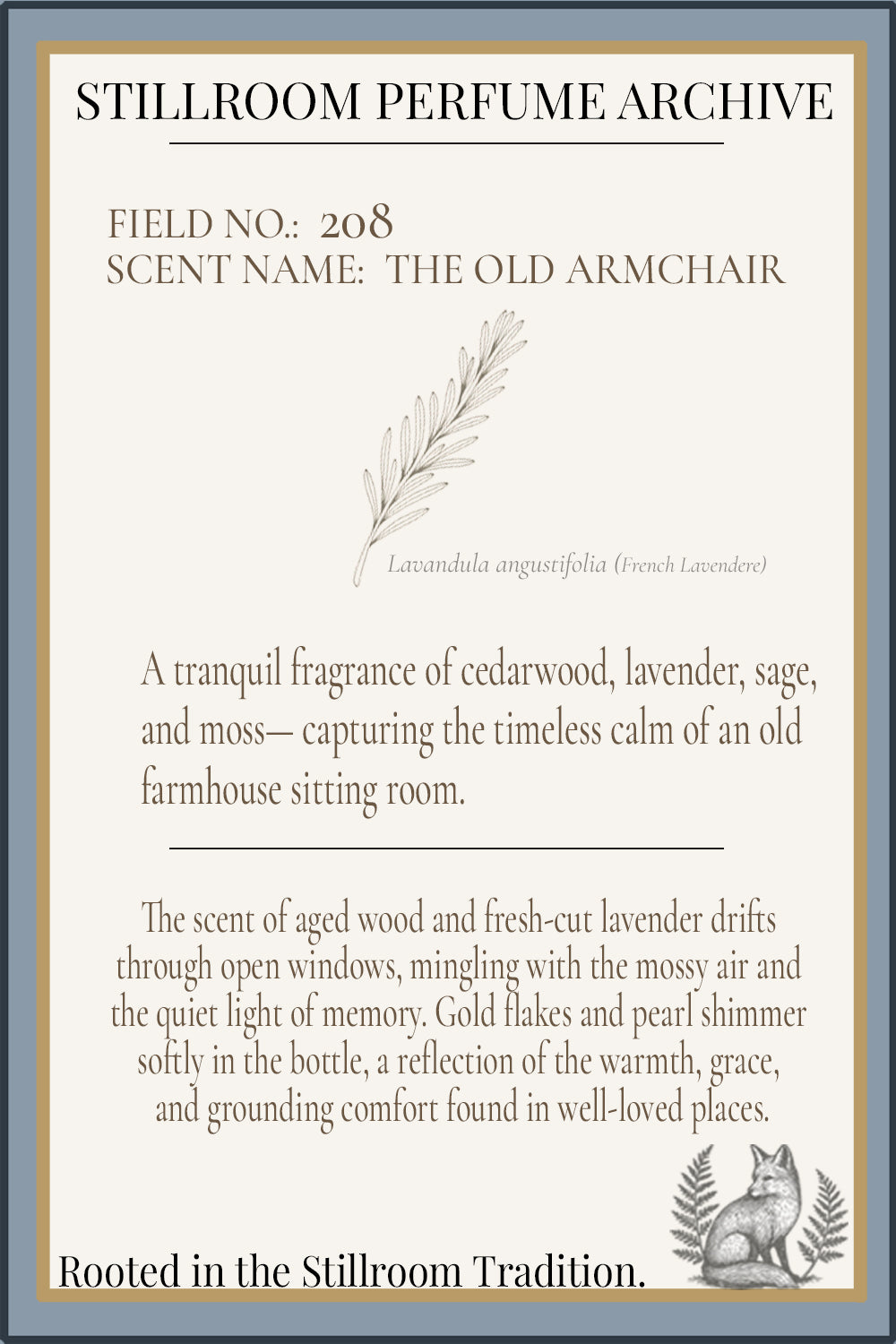 Perfume label for 'The Old Armchair' with text and botanical illustration.