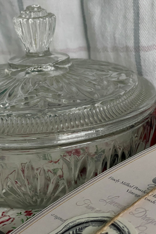 Vintage Avon Crystalique powder dish with Stillroom Archive cards, fox seal, and tartan cloth — handmade winter body powder gift set.