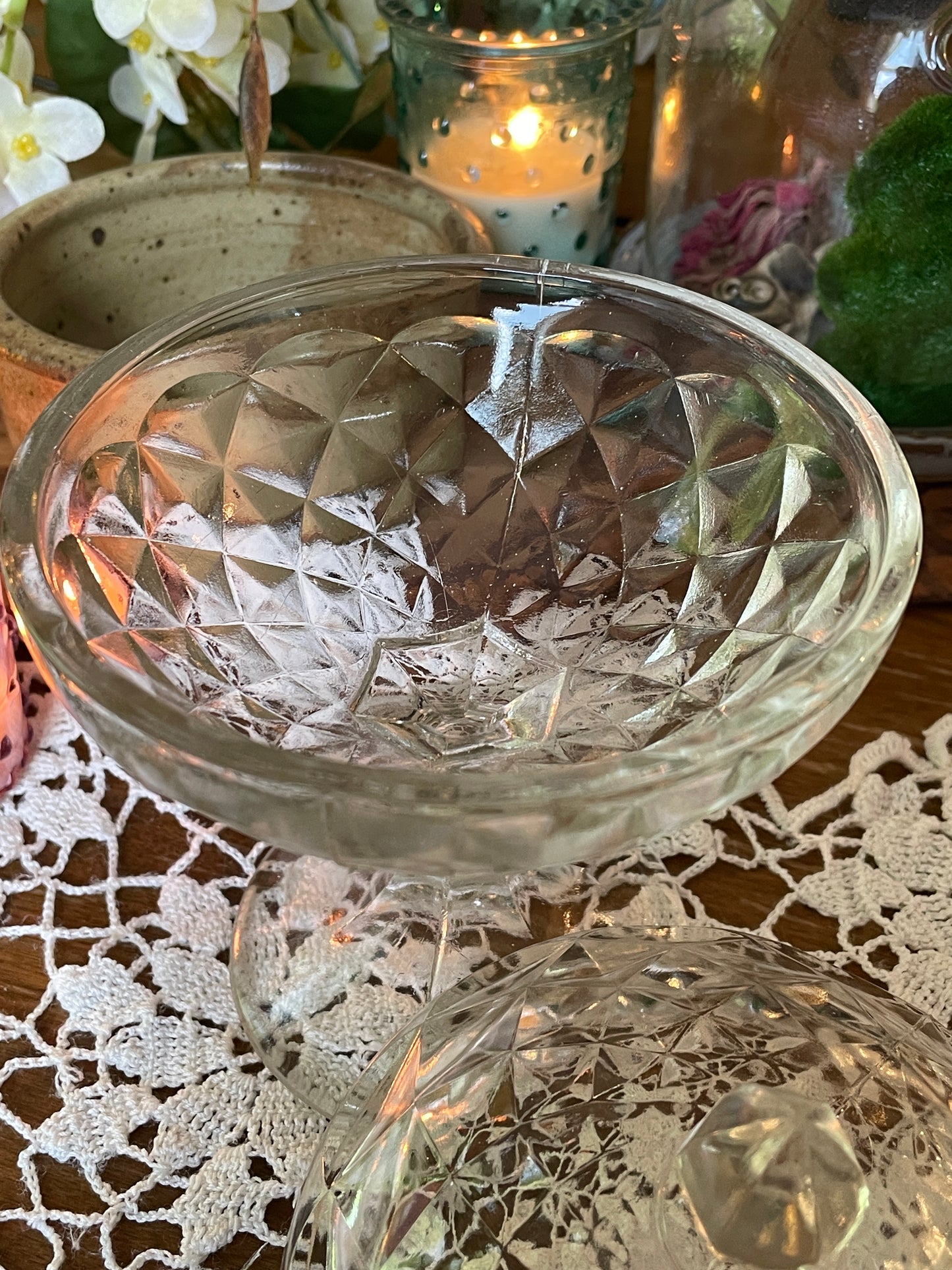 Detailed shot of powder dish’s pedestal base and diamond texture – a unique 1940s vanity piece from Berlin, New Hampshire.