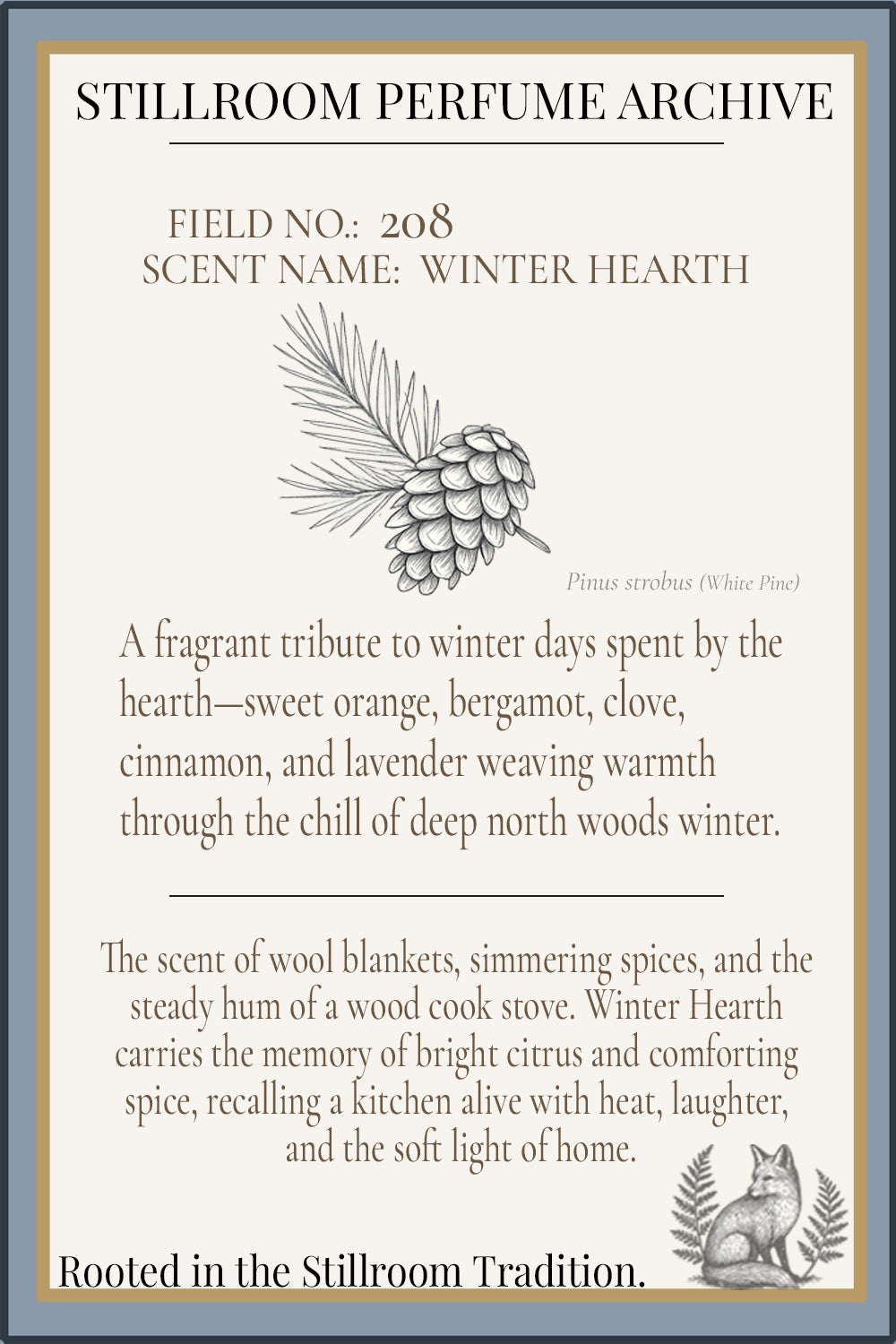 Stillroom Perfume Archive label for Winter Hearth scent with pine cone illustration.