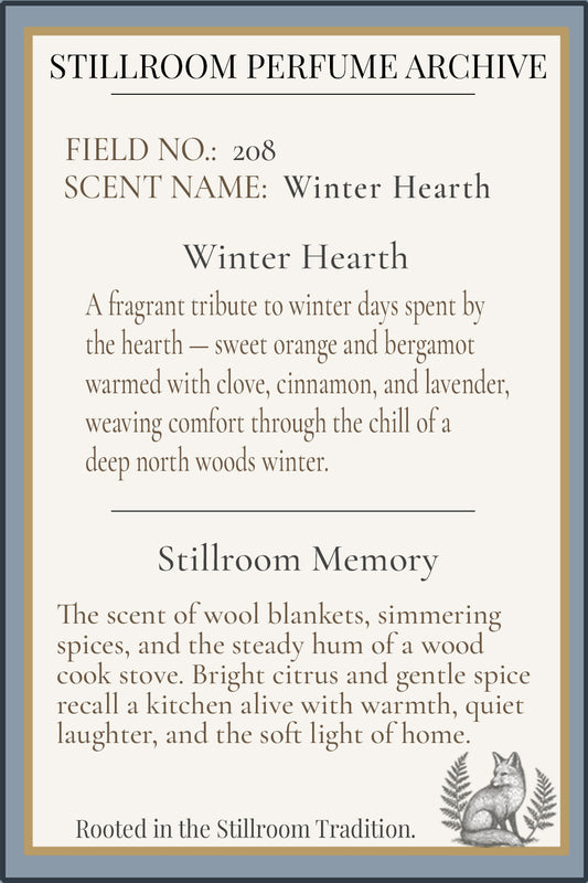 Stillroom Perfume Archive label for Winter Hearth scent with pine cone illustration.