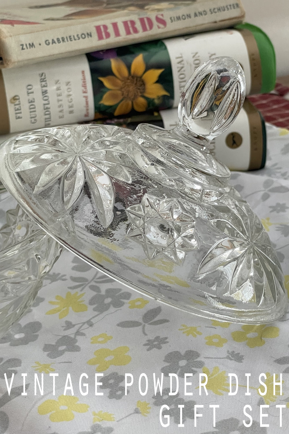 early american covered powder dish a side view to the beautiful cut lid