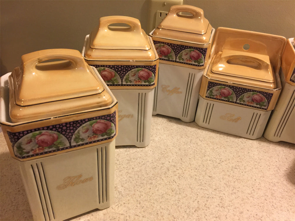 Mepoco Art Deco Caister Set, roses, mustard, German Porcelain Lusterware, 7 pc. - Lizzy Lane Farm Apothecary