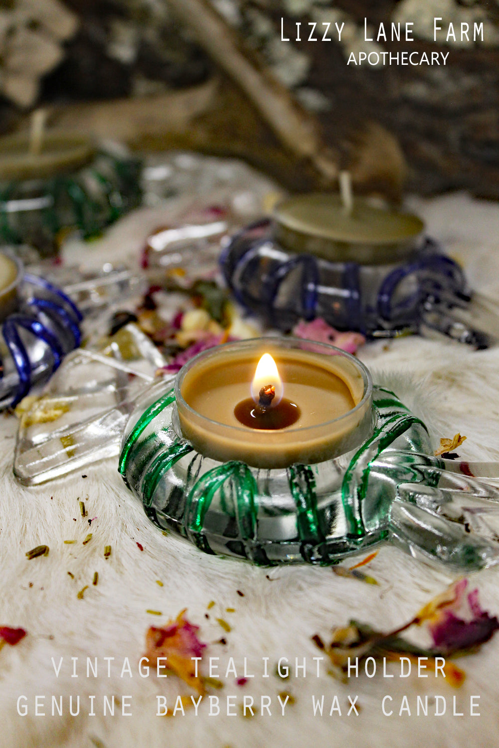 Vintage candy mint–shaped glass tealight holder with green or blue painted stripes, photographed with bayberry tealights and a simple gift box. Shown on a lace table under candlelight for nostalgic glow.