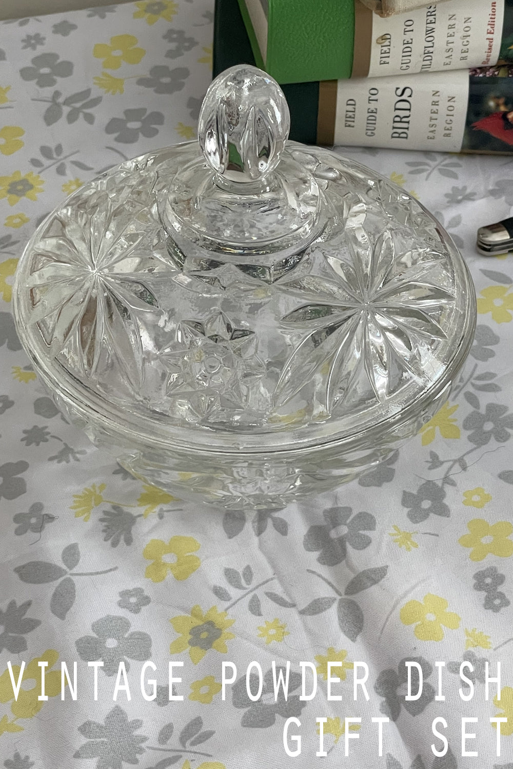 early american covered powder dish top view of the detailed cut glass