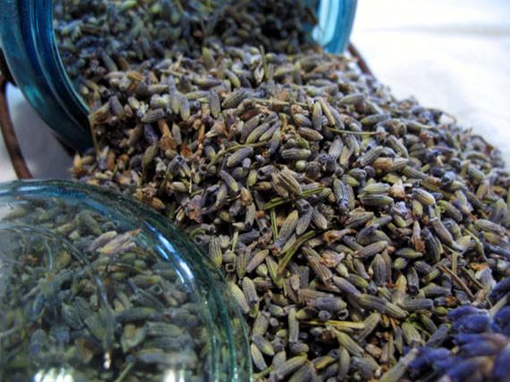 Vintage Blue Mason Jar with Organic Craft Lavender Buds – A close-up of dried organic lavender buds spilling from a vintage blue mason jar, showcasing their smoky purple hue and fragrant quality.