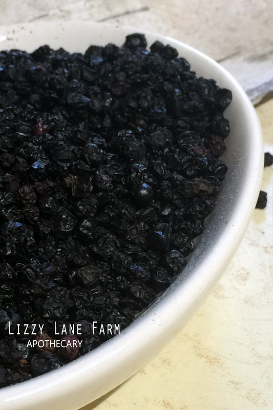 A rustic bowl filled with dried organic elderberries — rich, dark, and fragrant with traditional wellness roots.