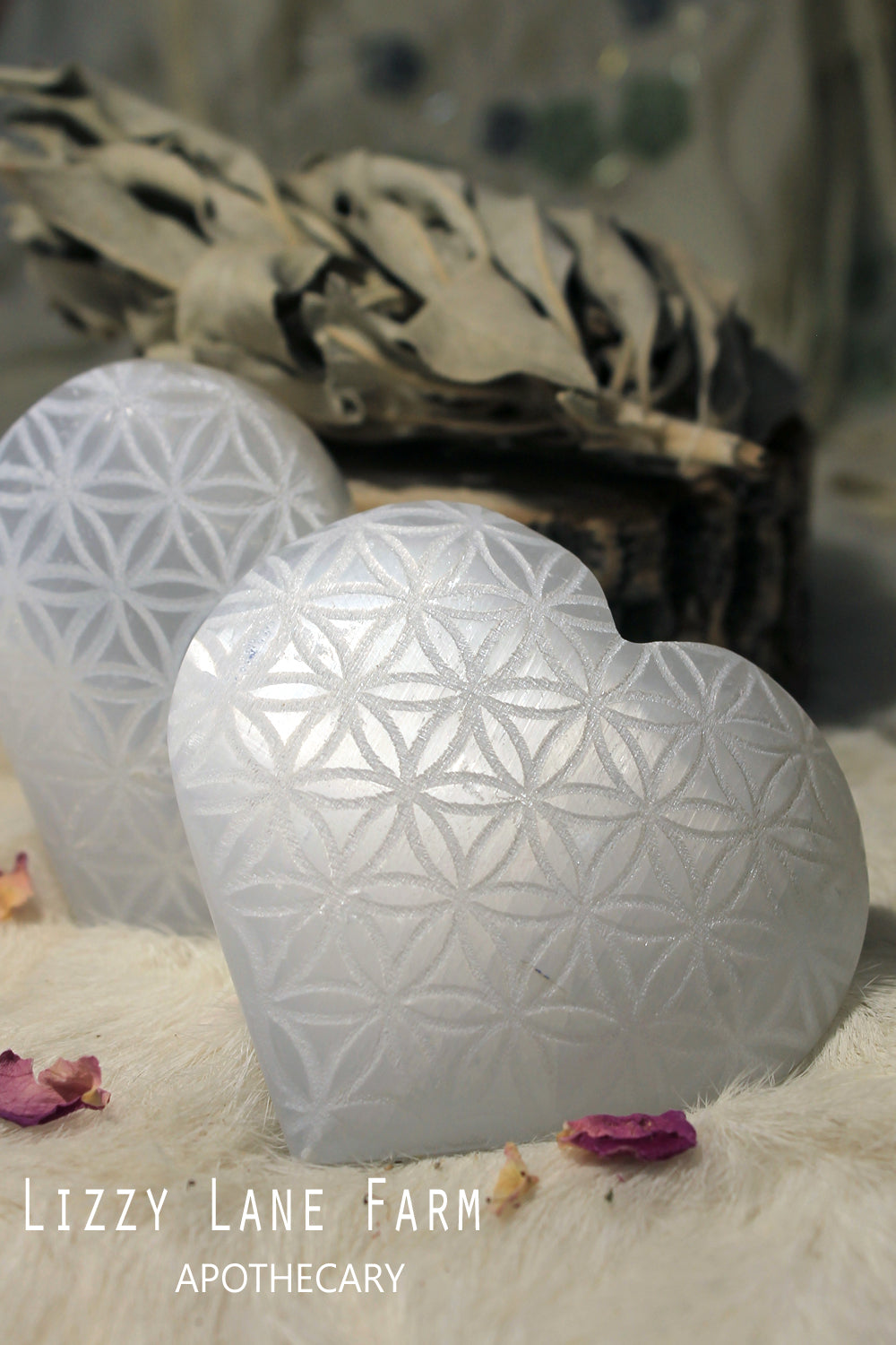 Selenite Heart- Flower of Life Engraved Heart