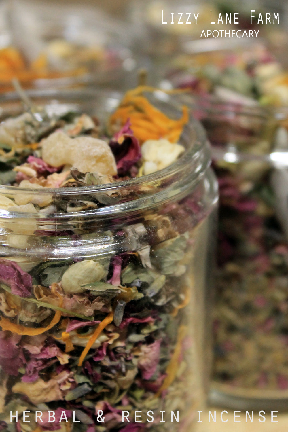 Close-up of our Frolic Herbal Incense Blend, featuring dried lavender, rose petals, chamomile, and natural resins. This beautifully fragrant, handcrafted mix is perfect for home fragrance, relaxation, and uplifting aromatherapy.