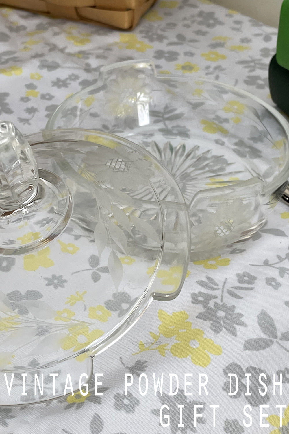 Vintage daisy pressed glass powder dish styled with pastel linens and fresh daisies.