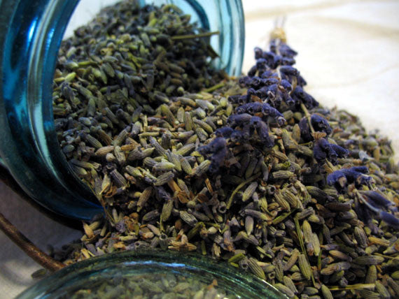 Vintage Blue Mason Jar with Organic Craft Lavender Buds – A close-up of dried organic lavender buds spilling from a vintage blue mason jar, showcasing their smoky purple hue and fragrant quality.