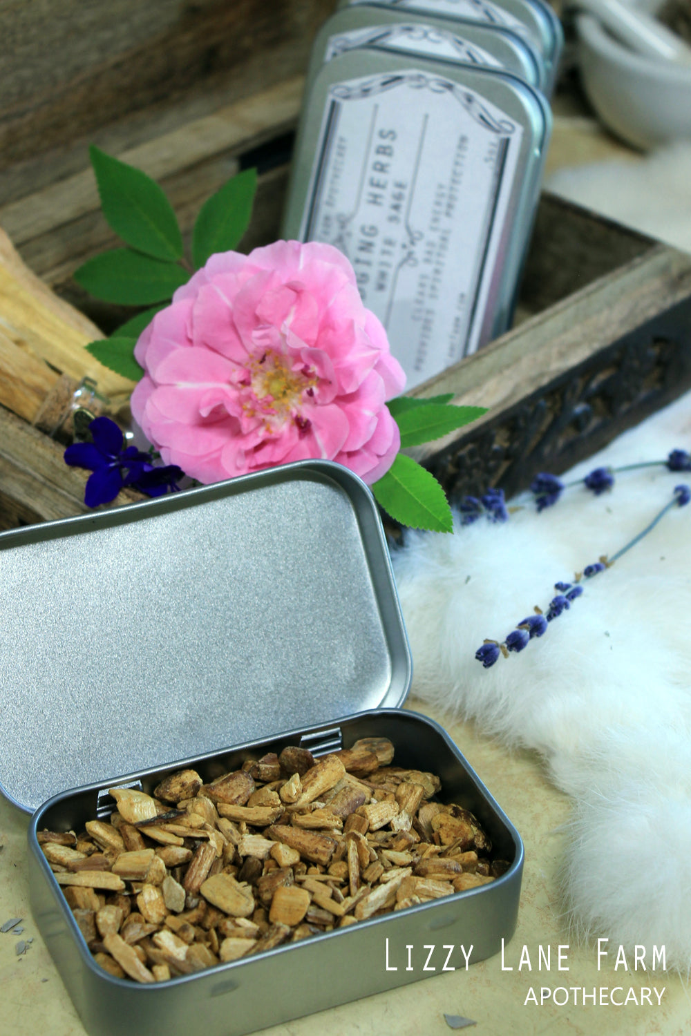 Palo Santo Smudging Herb nice close of of wood chips in tin ready for gift giving.