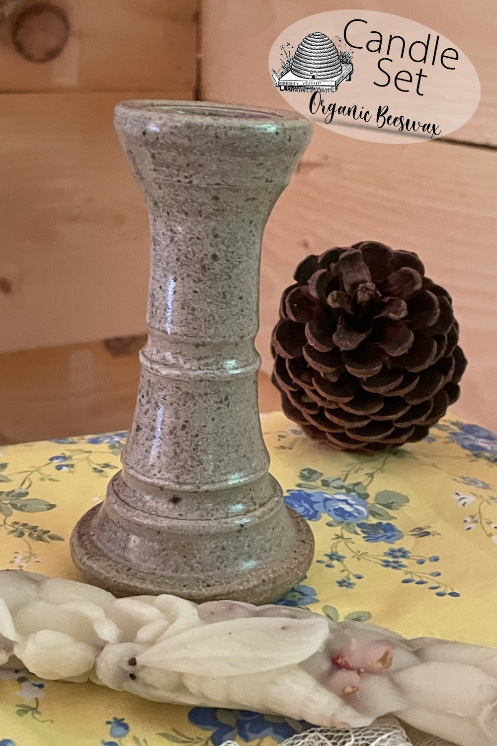 candlestick set- pottery candle stick and hand poured beeswax candle