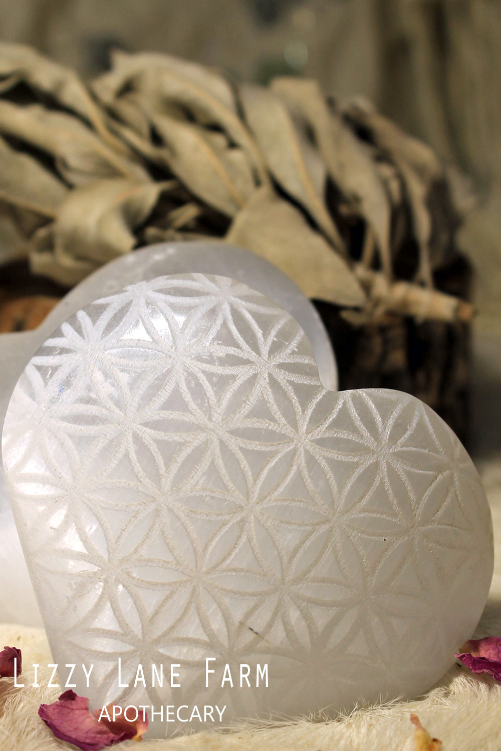 Selenite Heart- Flower of Life Engraved Heart