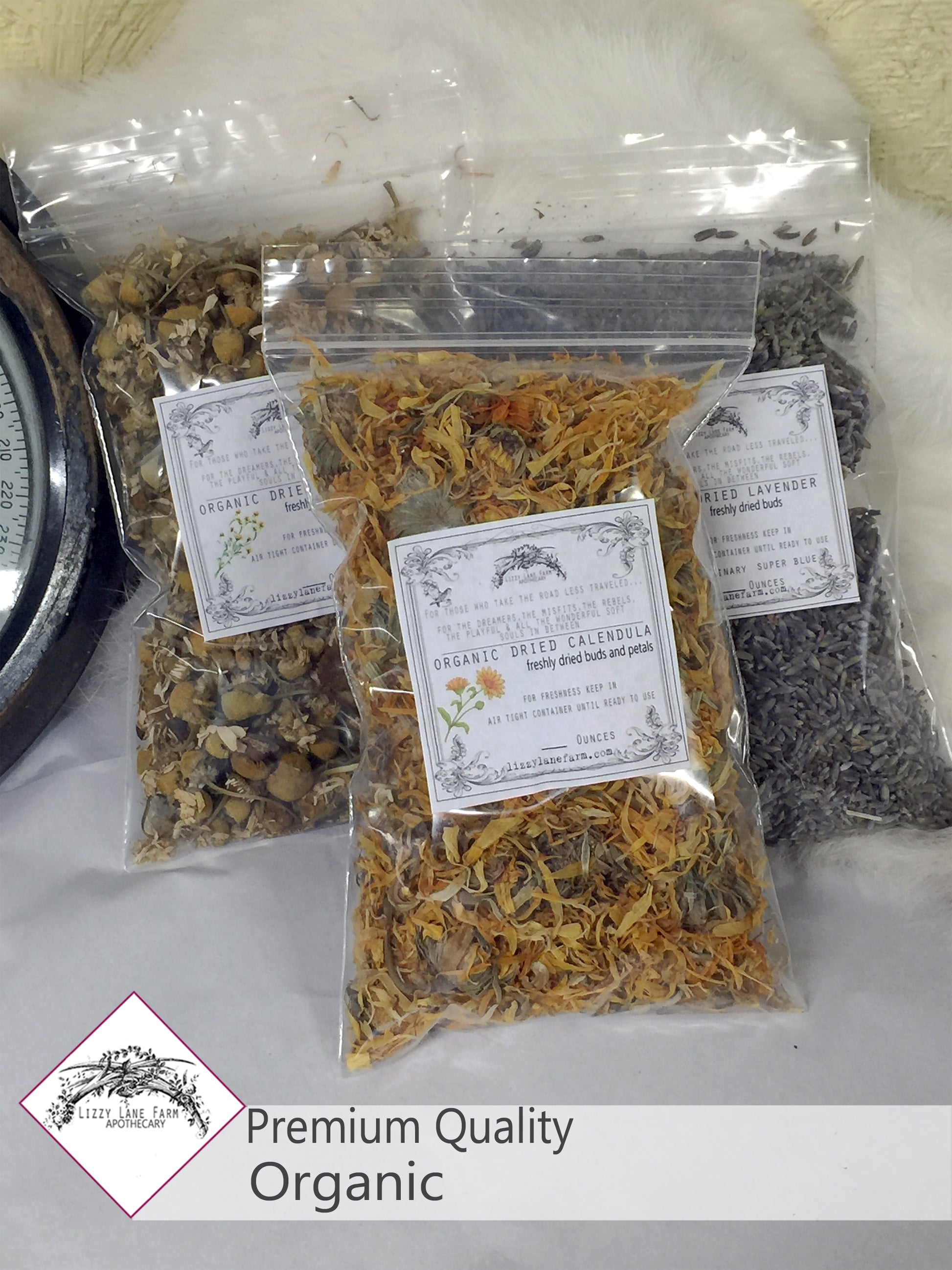 Sample-Sized Herb Bags – Calendula, Chamomile & Lavender Ready to Ship – A curated selection of organic calendula, chamomile, and lavender herbs, each packed in sample-sized bags, ready to ship. Perfect for DIY teas, skincare, or herbal remedies, these premium dried herbs offer a natural, soothing experience.