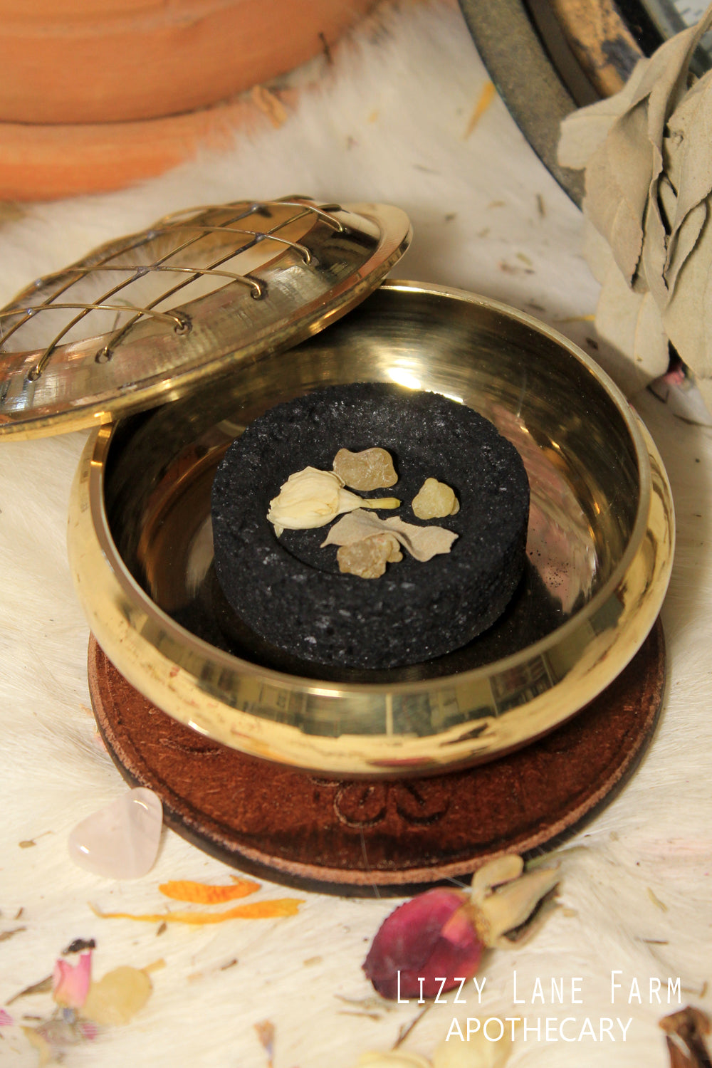 Brass Charcoal Burner with Wooden Flower Coaster 
