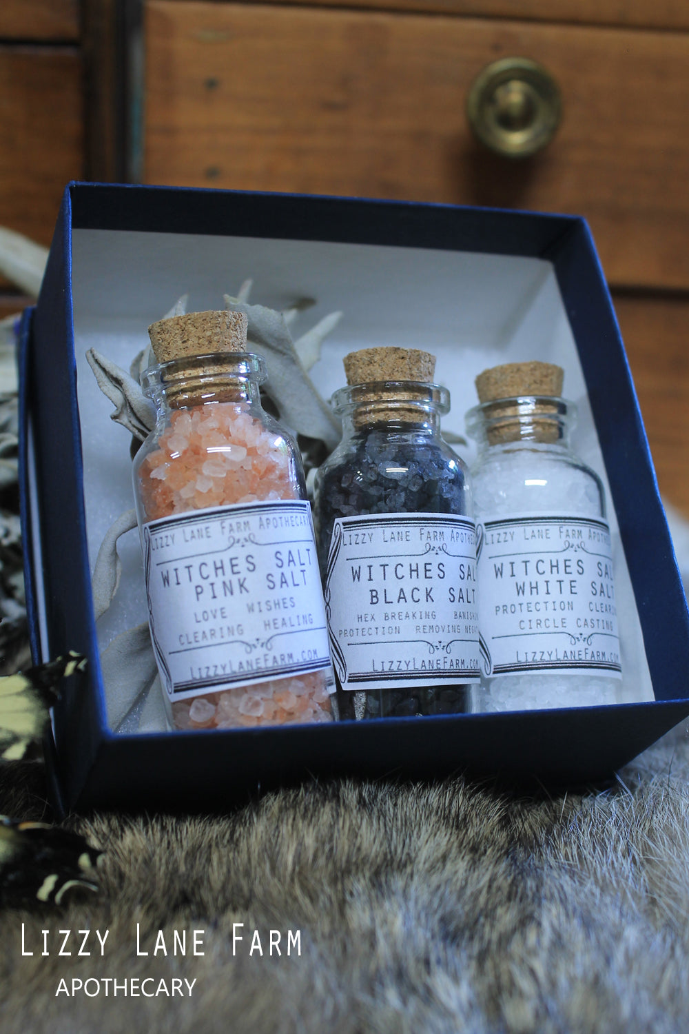 witches black salt, witches white salt, witches pink salt. Gift Box set.