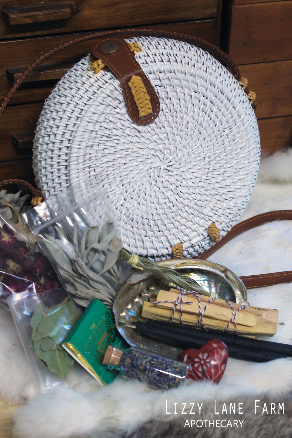 White Wicker Basket Travel Smudge Set • Happiness Sacred Smoke Kit •