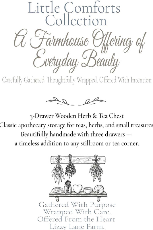 product description hover card for wooden 3 drawer tea chest. uses and details