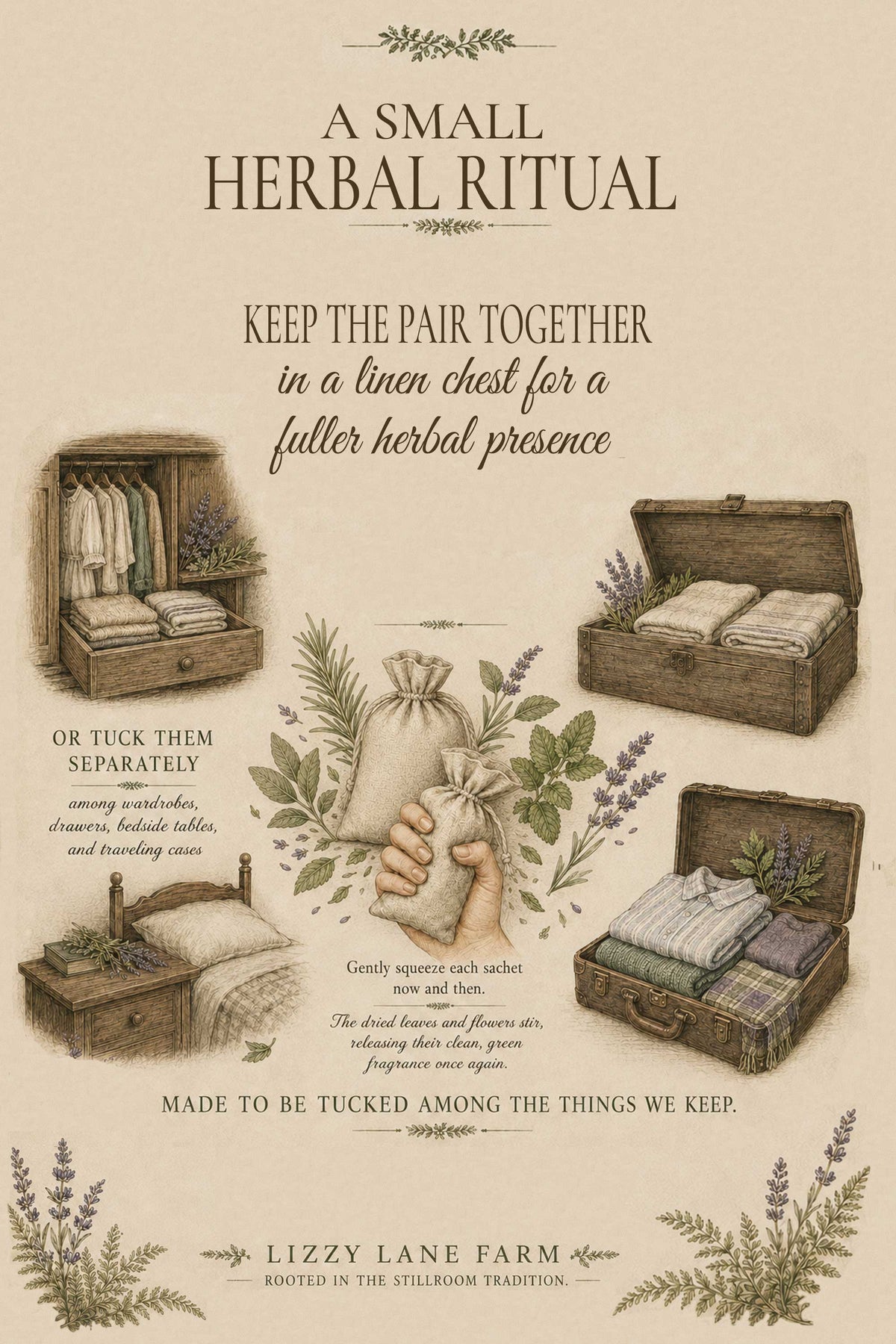 A vintage-style illustrated poster or booklet cover titled "A Small Herbal Ritual" with text and botanical illustrations showing folded linens in various storage boxes and bundles tied with flowers. The bottom reads "Lizzy Lane Farm" and "Rooted in the Still Life Tradition.