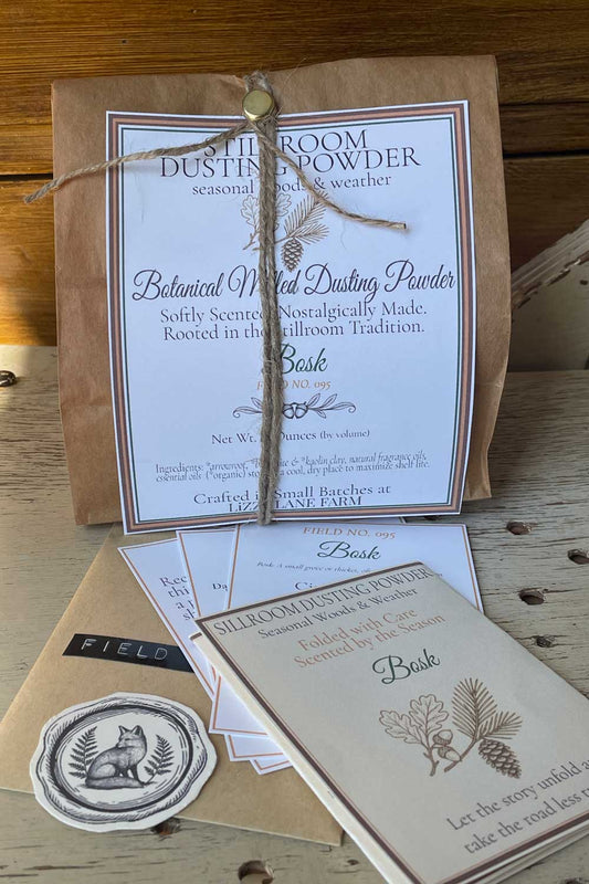Botanical Milled Dusting Powder Fall Seasonal Woods & Weather Collection- Bosk 12 oz Bulk Packaging with Archival Cards resting on natural wood 