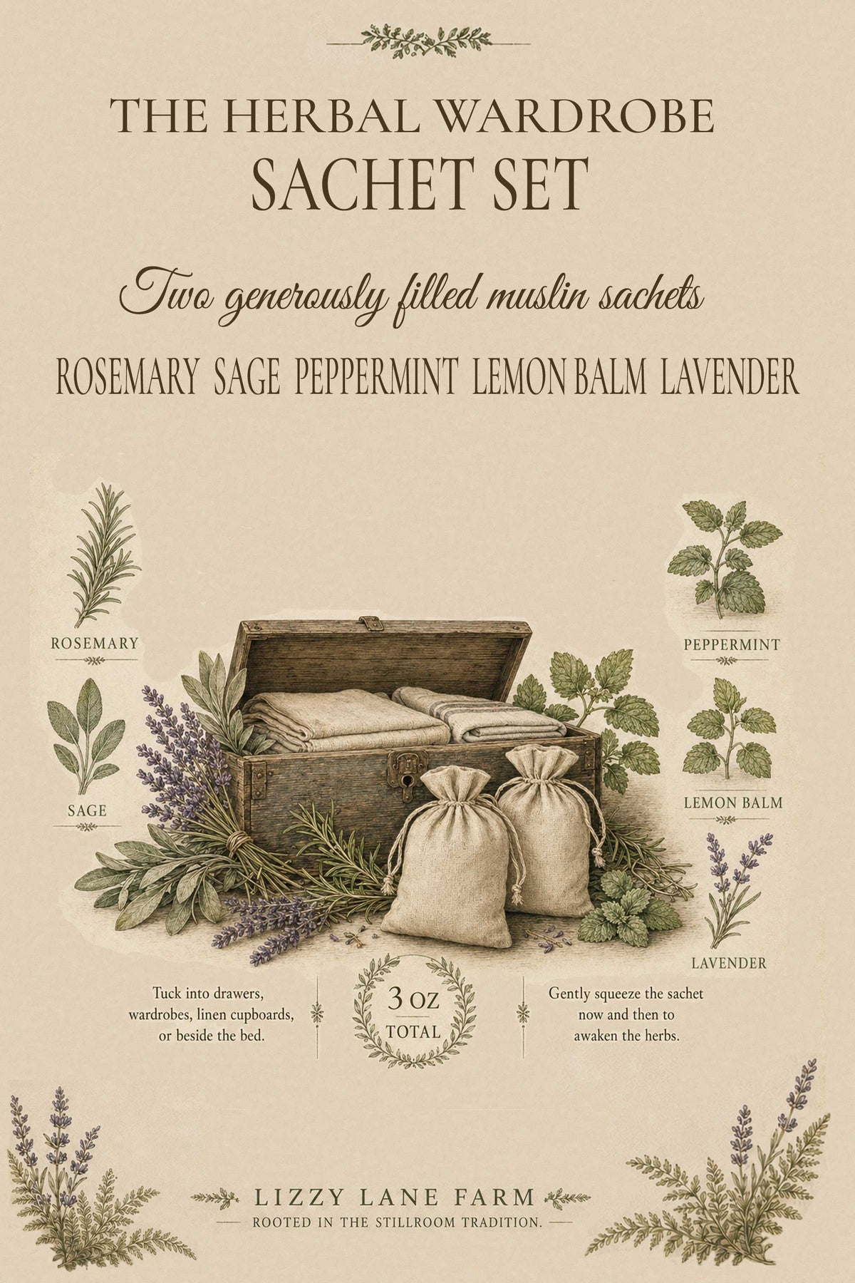 A VINTAGE STYLE AD FOR THE HERBAL WARDROBE SACHET SET