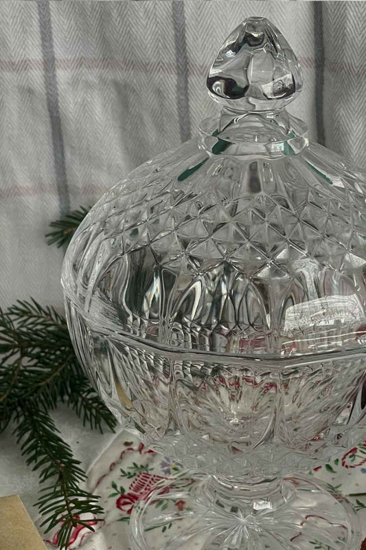 Vintage Longchamp crystal powder dish displayed with evergreen sprigs — handmade Lavender Dragée powder gift.