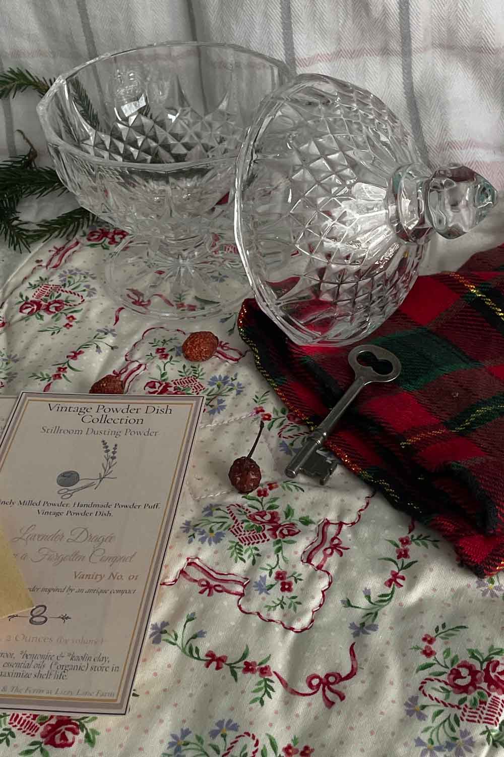 Vintage crystal powder dish open beside Stillroom Archive cards and handmade puff — Lavender Dragée Dusting Powder set.