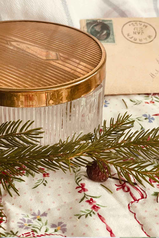 Vanity Dish No. 09- Vintage Art Deco Brass Powder Dish Set — Winter Crest Vanity Dish with Lavender Dragée Powder | Holiday Gift for Her