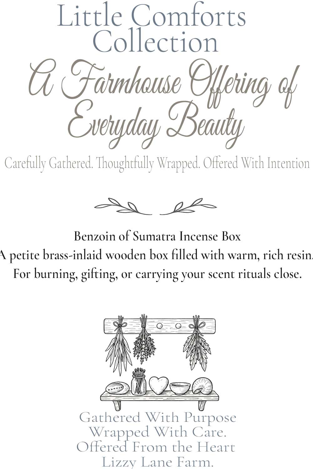 product hover card with details of the brass inlay box filled with benzoine of sumatra resin. part of the little comforts collection at lizzy lane farm