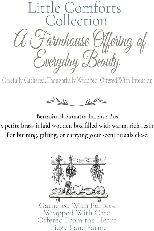 product hover card with details of the brass inlay box filled with benzoine of sumatra resin. part of the little comforts collection at lizzy lane farm