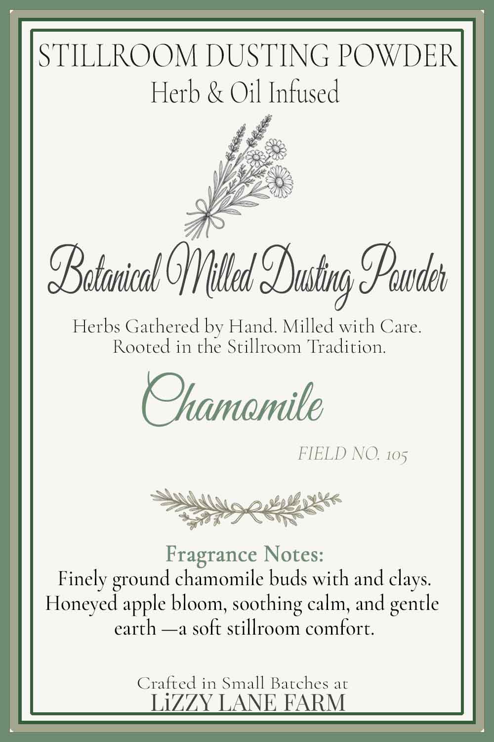Herbal Chamomile Dusting Powder information card with fragrance notes and field no 105