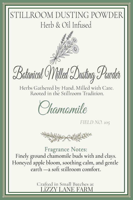 Herbal Chamomile Dusting Powder information card with fragrance notes and field no 105
