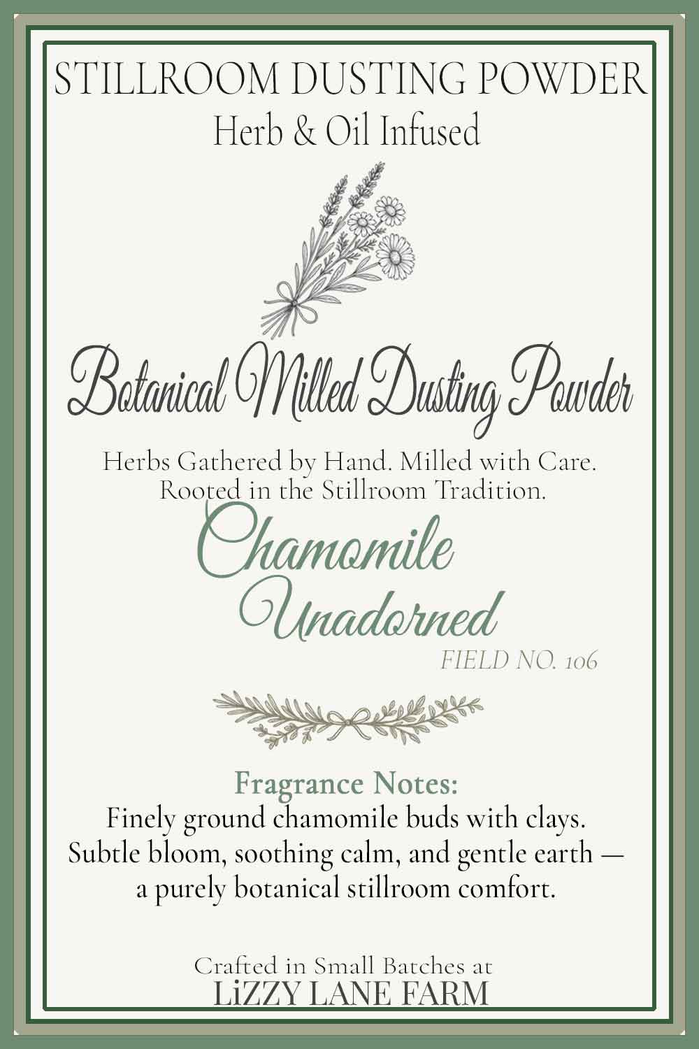 info card for  herbal chamomile unadorned dusting powder. pure herbs no added fragrance.
