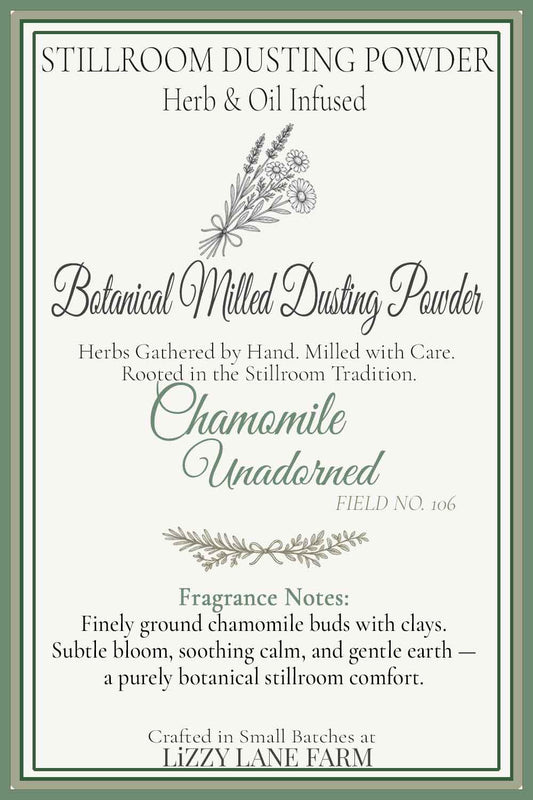 info card for  herbal chamomile unadorned dusting powder. pure herbs no added fragrance.