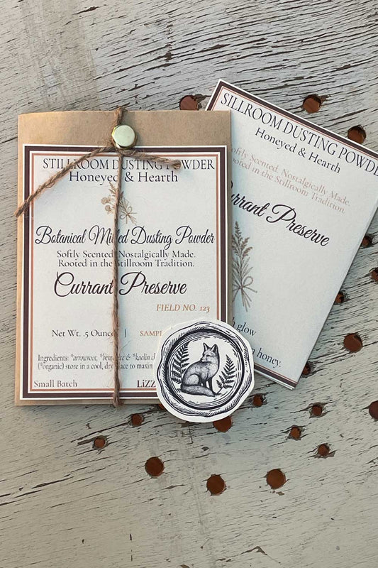 Currant Preserves Dusting Powder, 12 oz bulk edition with Stillroom Archive fragment cards — red currant jam–inspired, talc-free Honeyed & Hearth scent