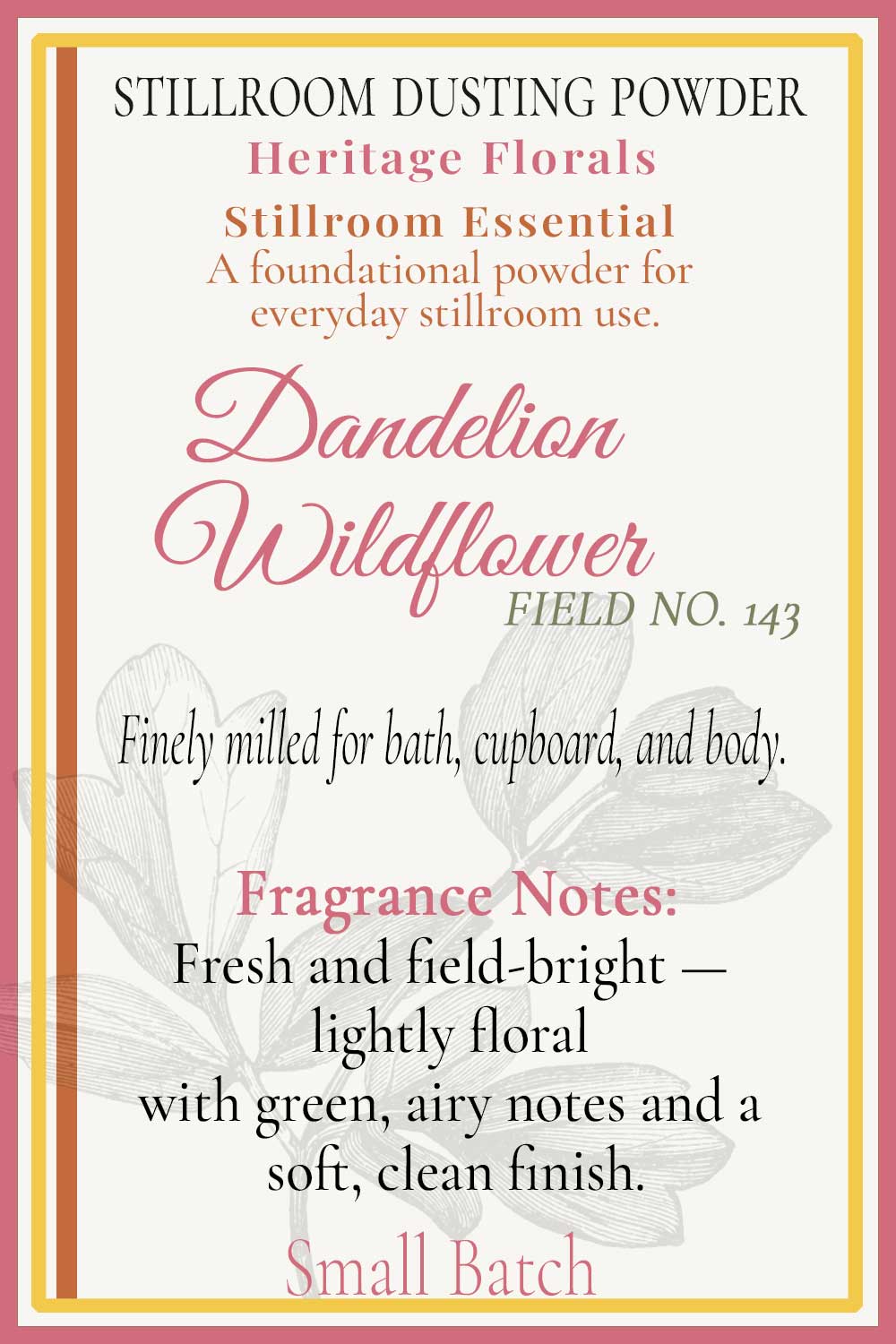 dandelion wildflower body dusting powder information hover card. fragrance notes, field no., collections.