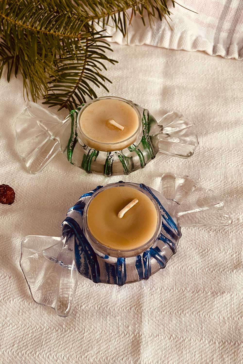 Vintage candy-shaped glass tealight holders paired with genuine bayberry tealights. Nostalgic winter cottage decor and collectible candle set from Lizzy Lane Farm Apothecary.