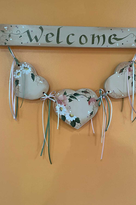 Vintage Folk Art Welcome Sign with Hand-Painted Wooden Hearts and Ribbons – Rustic Farmhouse Wall Decor by Susan