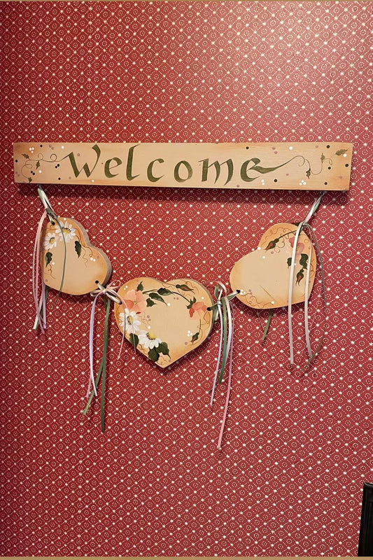 Vintage Folk Art Welcome Sign with Hand-Painted Wooden Hearts and Ribbons – Rustic Farmhouse Wall Decor by Susan