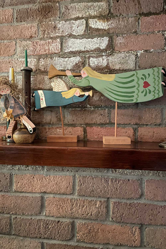 Susan’s Hand Painted Wooden Angel Set – Folk Art Trumpet Angels with Doll – Primitive Americana Mantel Decor