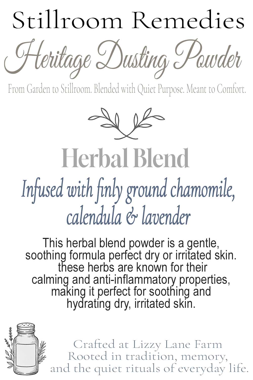 herbal blend dusting powder infused with lavender, chamomile and calendula. Product hover card with info about the formula and powder from lizzy lane farm