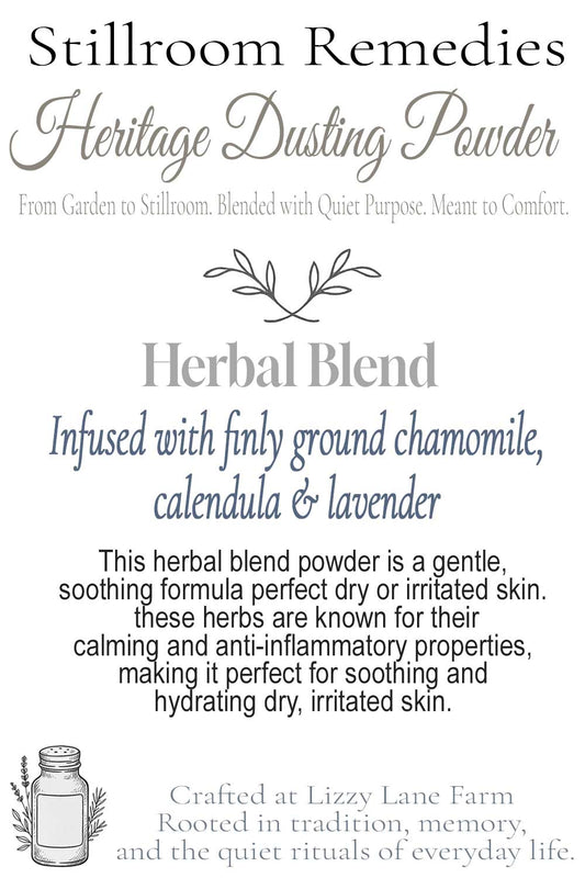 herbal blend dusting powder infused with lavender, chamomile and calendula. Product hover card with info about the formula and powder from lizzy lane farm