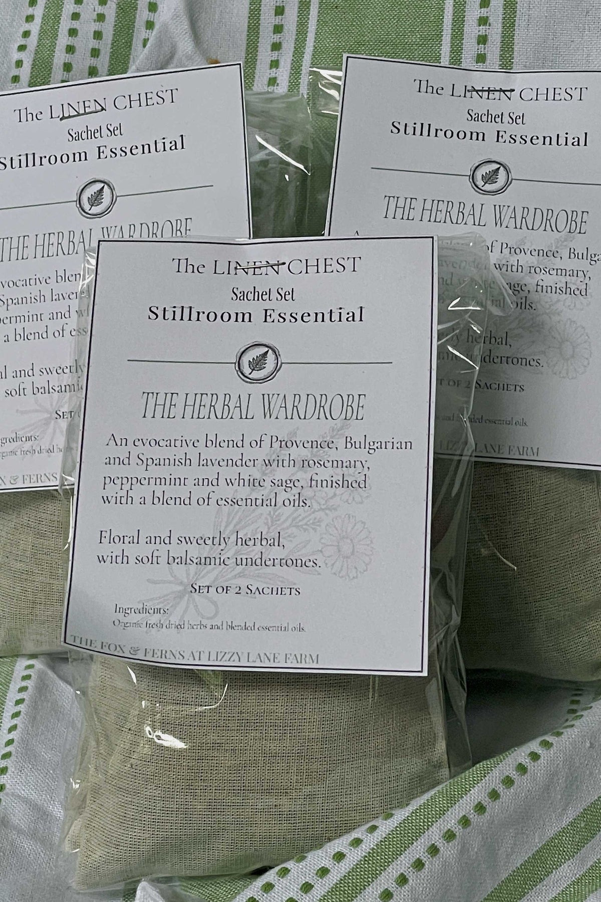 packets of herbal wardrobe sachets, set of 2 in muslin bags tucked into celo bags and a hanging label