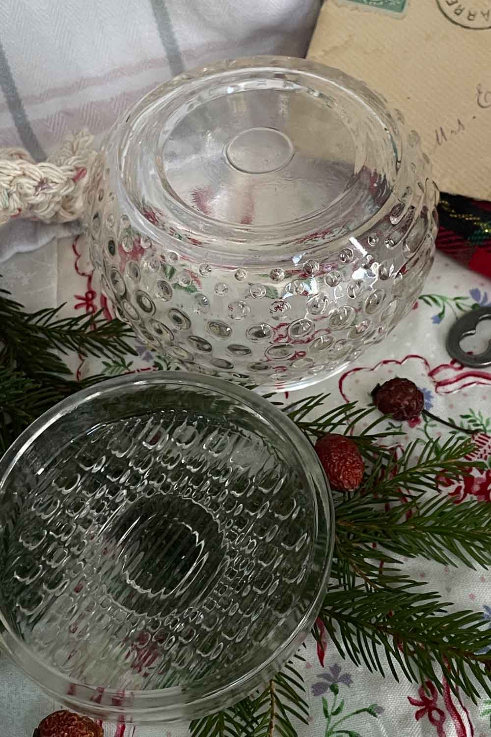 Bottom and inside view of a clear hobnail glass powder dish, showing bright clean glass and vintage raised texture — ideal for a starter vanity ritual.