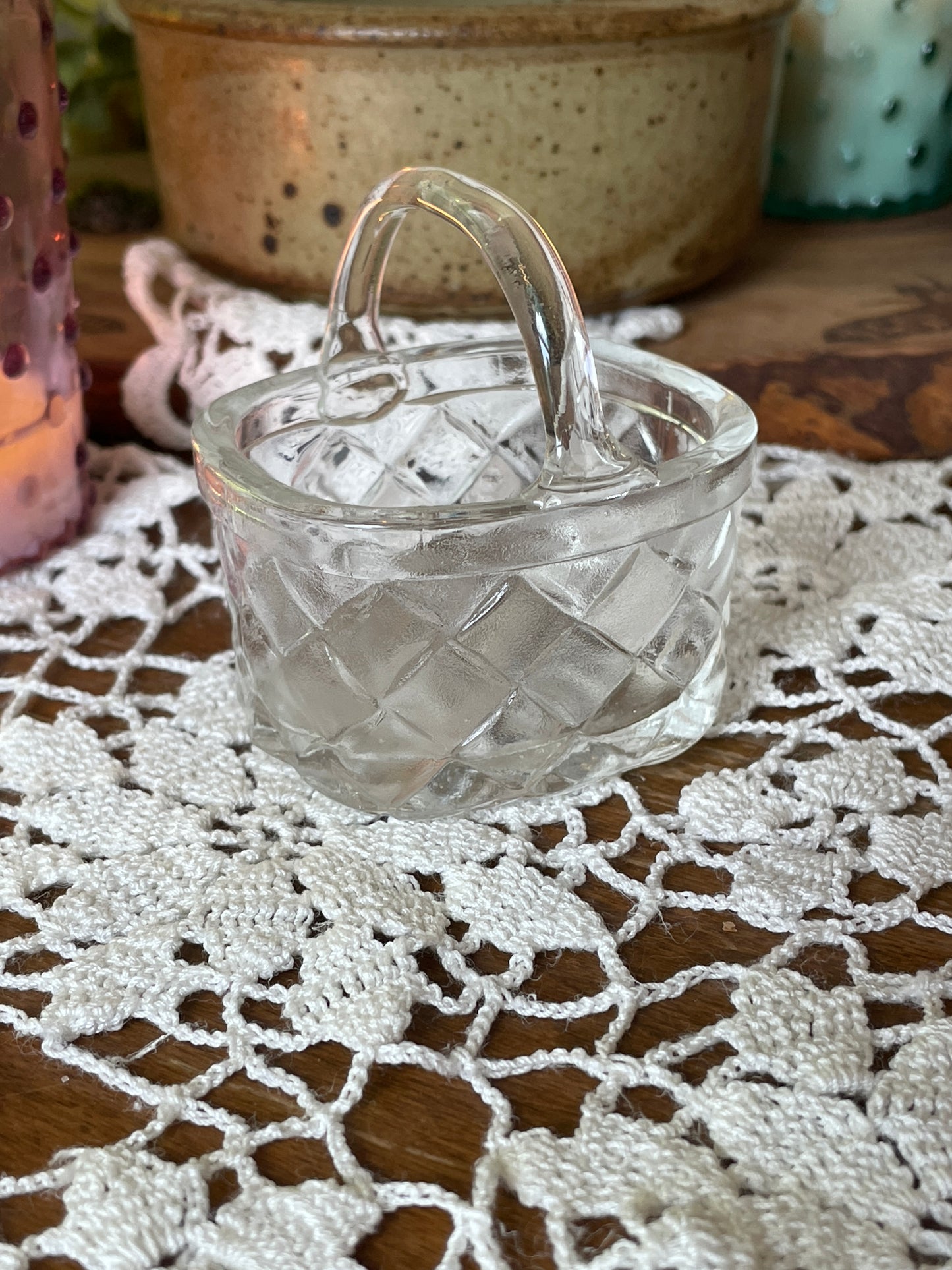 Vintage small glass basket, small glass candy or notions dish