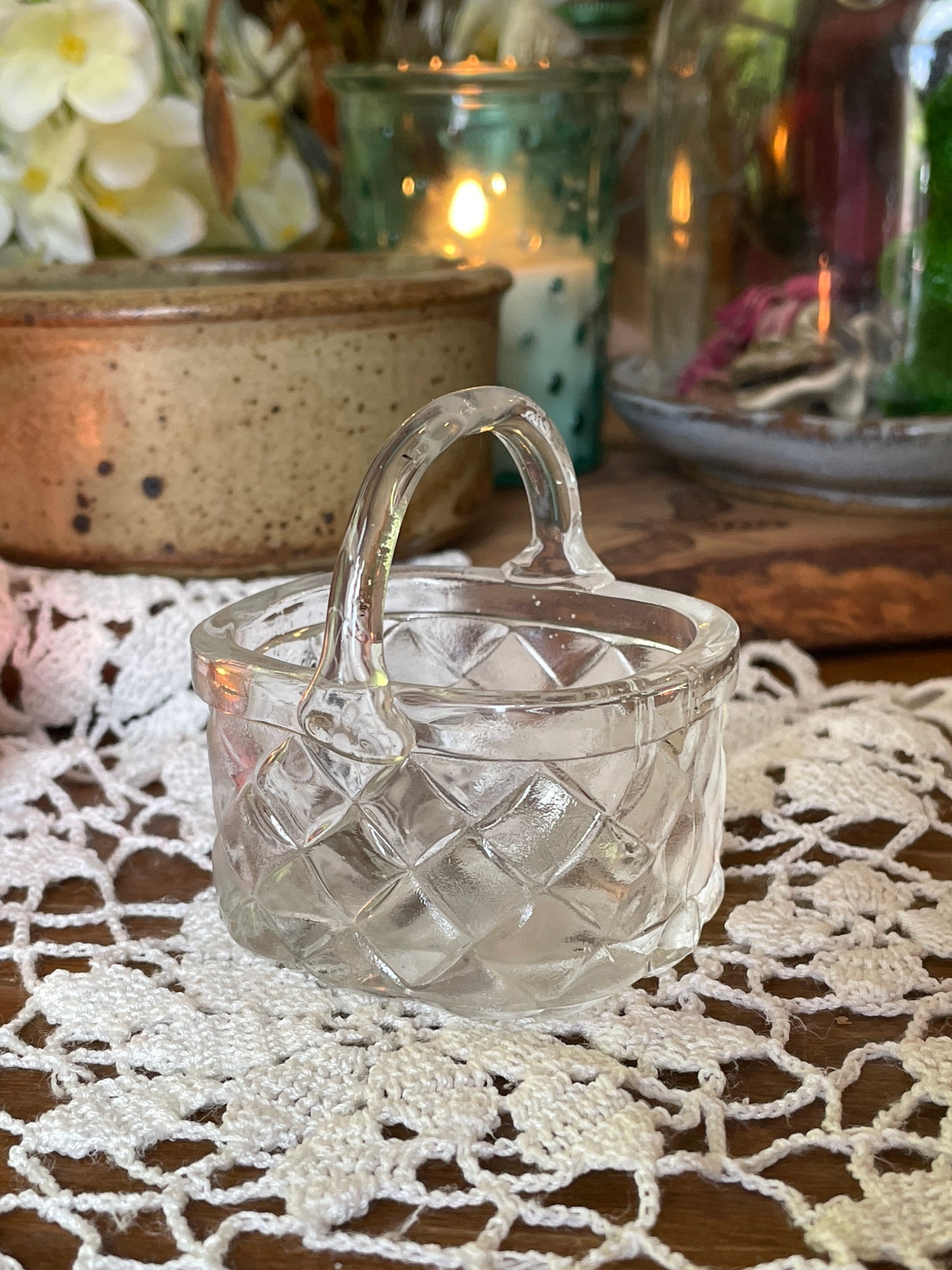 Vintage small glass basket, small glass candy or notions dish