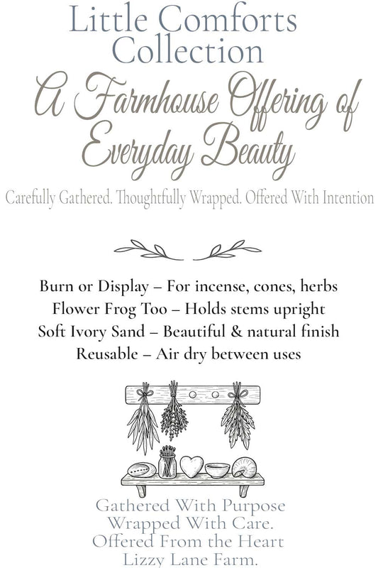 incense bowl sand product card information. used to place in bowl for burning incense or herbs. part of lizzy lane farms little comforts collection