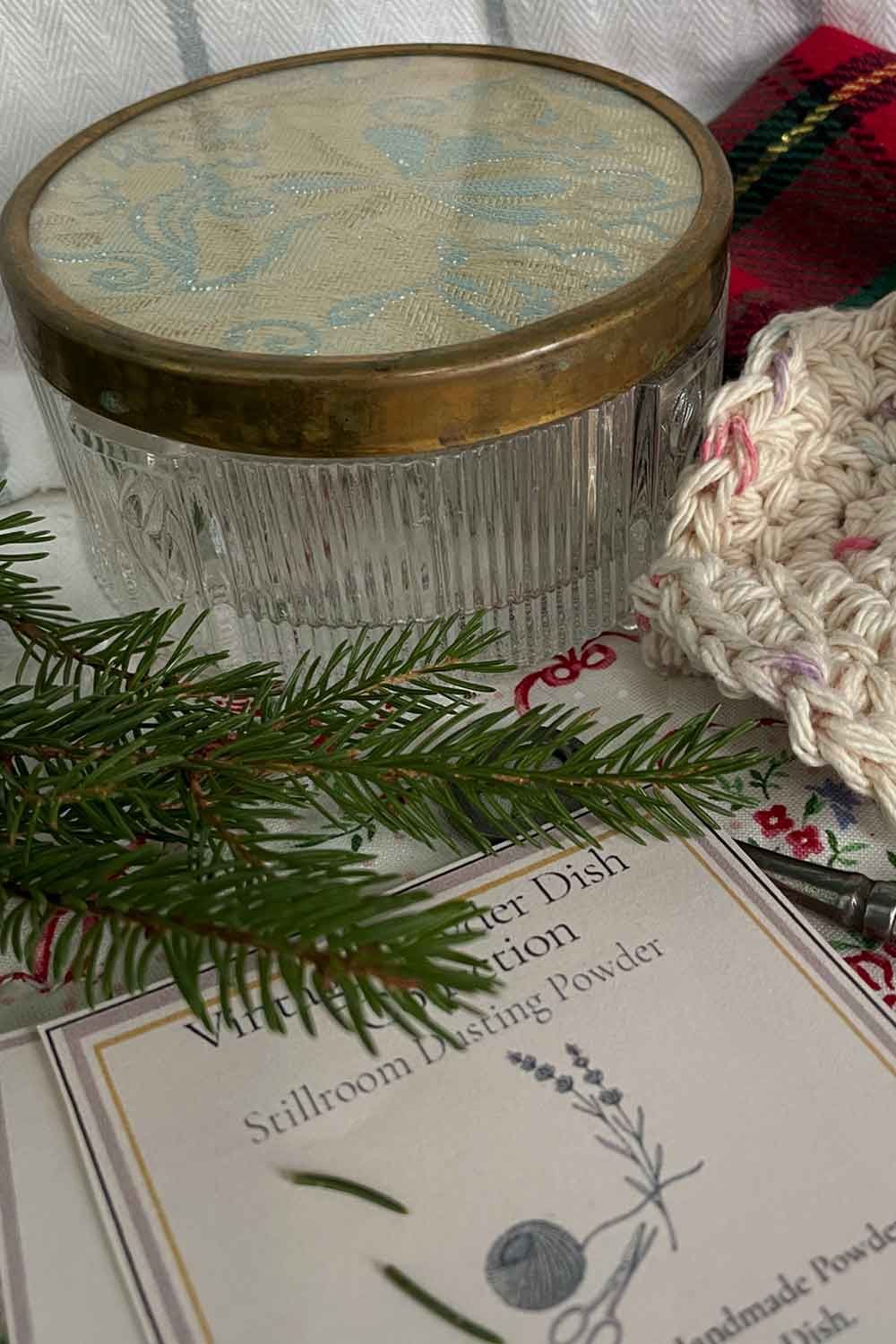 Vintage powder dish set with handmade crochet puff, Archive Coin Envelope, Dymo field label and Stillroom cards, holiday stillroom packaging.