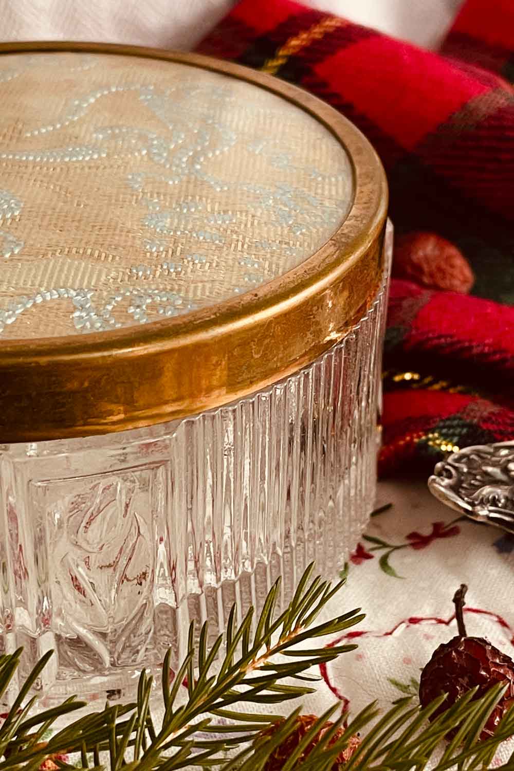 Vintage Art Deco powder dish with gold Jacquard lid, warm sepia tone, Stillroom Dusting Powder presentation.
